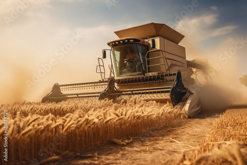 harvesting of wheat field with machinery.