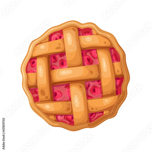 Raspberry pie, top view vector illustration. Cartoon isolated whole round pie with shortcrust pastry lattice and red berry jam filling, fruit sweet tart and tasty baked summer dessert from bakery