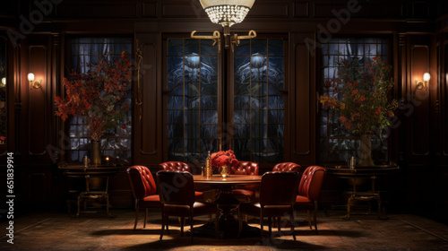 A 1920s speakeasy-inspired dining room with art deco lighting, velvet chairs and a large crystal chandelier