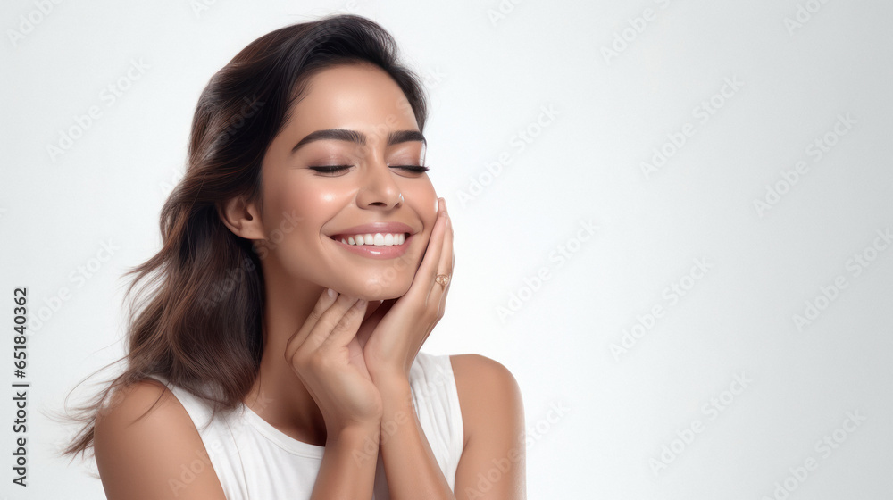 Young and beautiful woman smiling with her glowing skin. Spa and cosmetology concept. Young and beautiful woman smiling with her glowing skin. Spa and cosmetology concept.