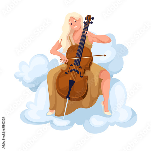 Girl playing cello, flying on clouds of sky vector illustration. Cartoon isolated happy woman in dress holding violoncello to play romantic music on fantasy cello jazz concert, female musician smiling