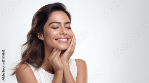 Young and beautiful woman smiling with her glowing skin. Spa and cosmetology concept.