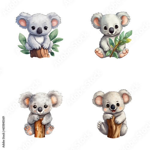 set of cute koala watercolor illustrations for printing on baby clothes, sticker, postcards, baby showers, games and books, Safari jungle animals vector