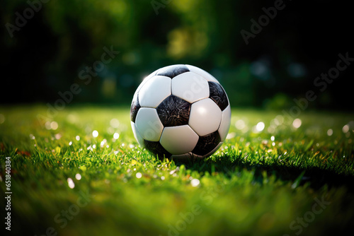 White black soccer ball on the green lawn at the stadium © Sunshine