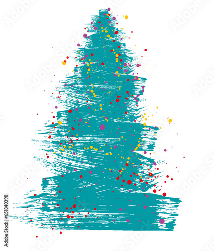 Christmas tree, grunge  drawing art. Beautiful doodle spruce (fir tree) with color paint blots (garland). Vector illustration.