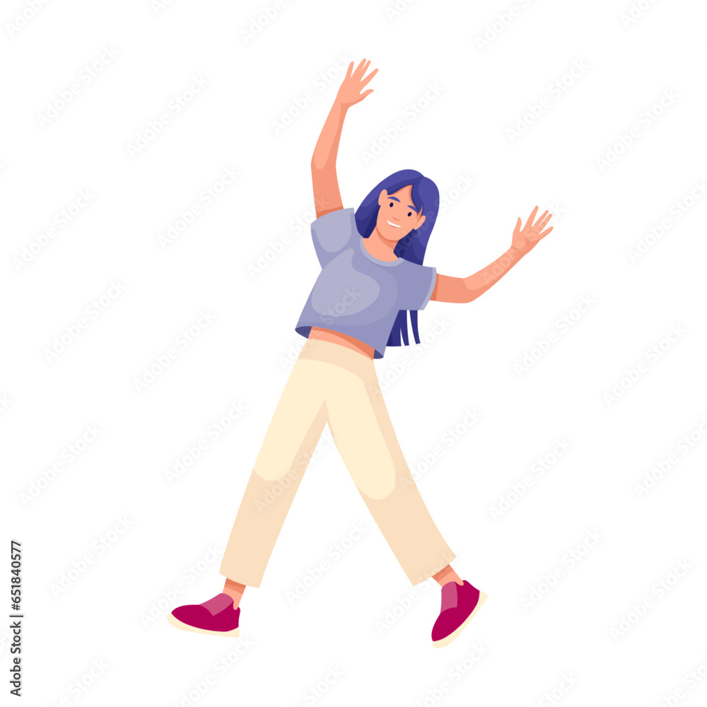 Happy woman dancing modern dance with hands up vector illustration. Cartoon isolated excited girl dancer with long hair and casual clothes jumping with fun energy and joy, energetic dance on party Happy woman dancing modern dance with hands up vector illustration. Cartoon isolated excited girl dancer with long hair and casual clothes jumping with fun energy and joy, energetic dance on party