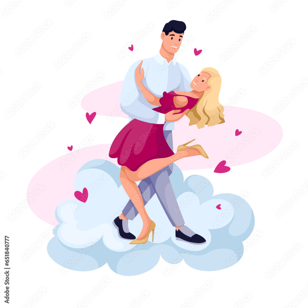 Happy couple dancing romantic dance in clouds vector illustration. Cartoon isolated excited woman and man dancers hug on sky cloud among red hearts together, young characters feeling passion and love