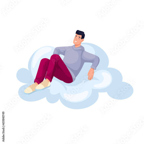 Healthy relax of man on cloud vector illustration. Cartoon isolated happy male character sitting on cloud to enjoy life and summer fresh air, sleep and dream, beautiful meditation and concentration