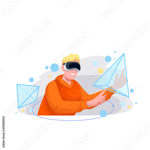 Futuristic metaverse, VR experience vector illustration. Cartoon man with VR glasses holding abstract artificial figure to interact with interactive 360 degree view, play video game in virtual space