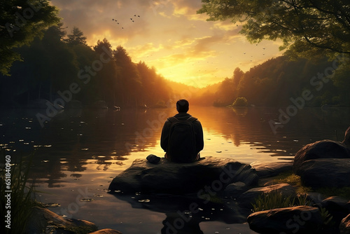 silhouette of a person meditating on a sunset near the river bank, Nature's Philosophy: Tranquil Scenes Merge Philosophical Reflections with Serene Landscapes, World Philosophy Day photo