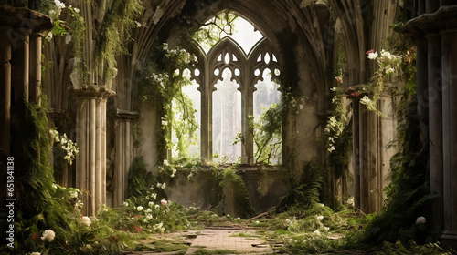 The Interior of a Cathedral Overgrown with Plants and Vines with Copy Space