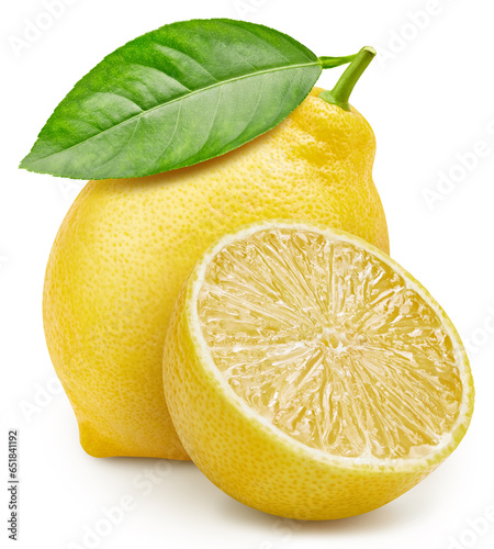 Lemon citrus isolated on white background. Lemon half with clipping path. Lemon with leaves