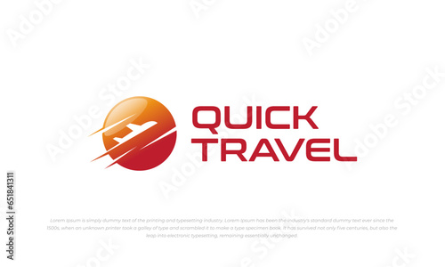 travel logo with fast airplane flight in orange circle background
