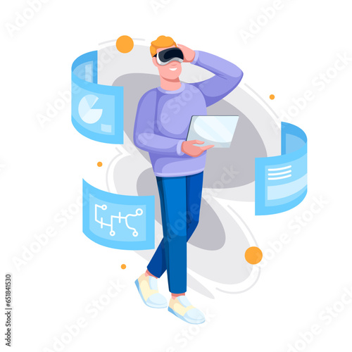 Learning in metaverse vector illustration. Cartoon man with VR glasses studying or working with round hologram and futuristic digital interface with science charts, metaverse simulator for study