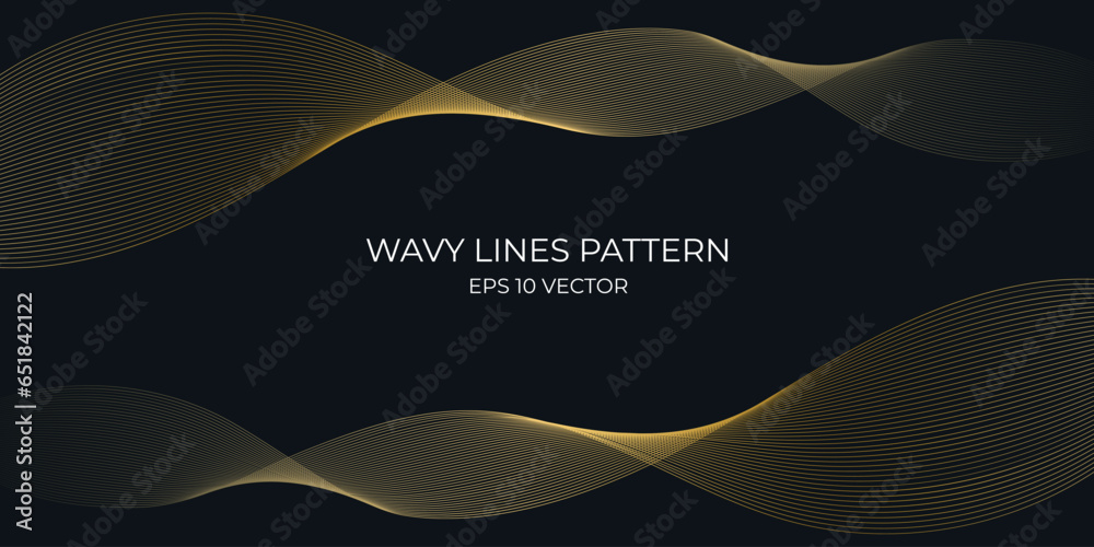 Vector wavy lines pattern smooth curve flowing gold gradient light isolated on navy background. Concept for technology, digital, communication, science, music. - obrazy, fototapety, plakaty 