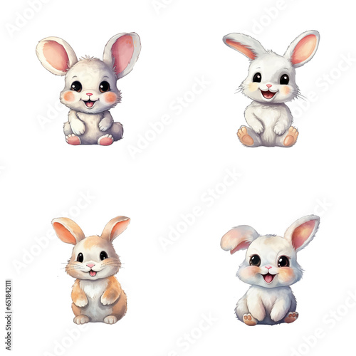 set of cute rabbit watercolor illustrations for printing on baby clothes, sticker, postcards, baby showers, games and books, Safari jungle animals vector