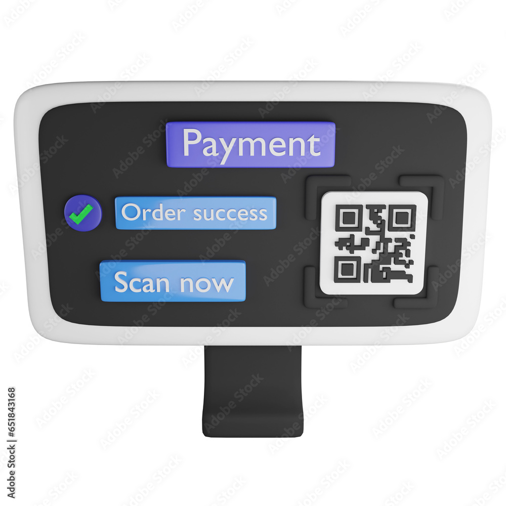 Payment by QR code on computer clipart flat design icon isolated on transparent background, 3D render online shopping concept Payment by QR code on computer clipart flat design icon isolated on transparent background, 3D render online shopping concept