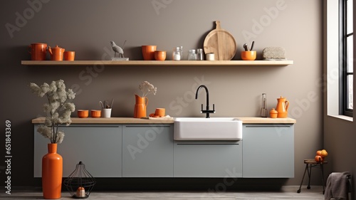 Fragment of modern minimalist gray kitchen with orange accents. Wooden countertop with built-in wash basin and black faucet. Wall shelf with crockery. Contemporary interior design. 3D rendering.