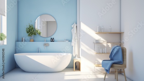 Interior of modern luxury scandi bathroom with window, white and blue walls. Free standing bathtub, round wall mirror, chair, houseplant. Contemporary home design. 3D rendering.