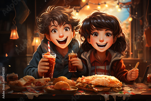 happy children eating burgers and drinking cola fast food restaurant