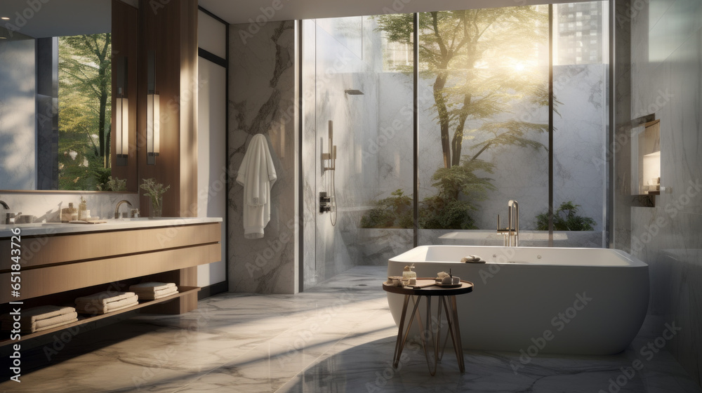 Fototapeta premium A bathroom with a spa-like ambiance, a glass-enclosed rain shower, a deep soaking tub, marble walls, a floating vanity with under-cabinet lighting, and fresh eucalyptus 