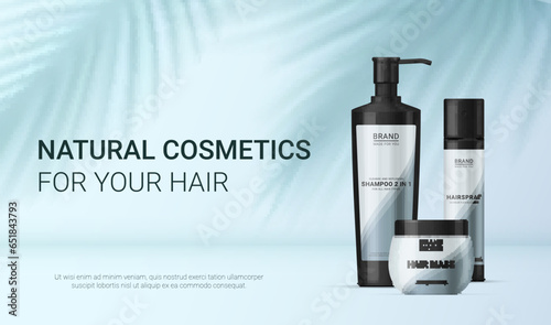 Hair natural cosmetic shampoo mask hairspray advertising tropical fern banner realistic vector