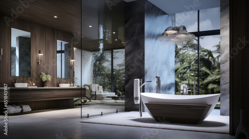 A bathroom with a spa-like ambiance  a glass-enclosed walk-in rain shower  a freestanding bathtub with a floor-mounted faucet  marble walls  and a double vanity with LED mirrors