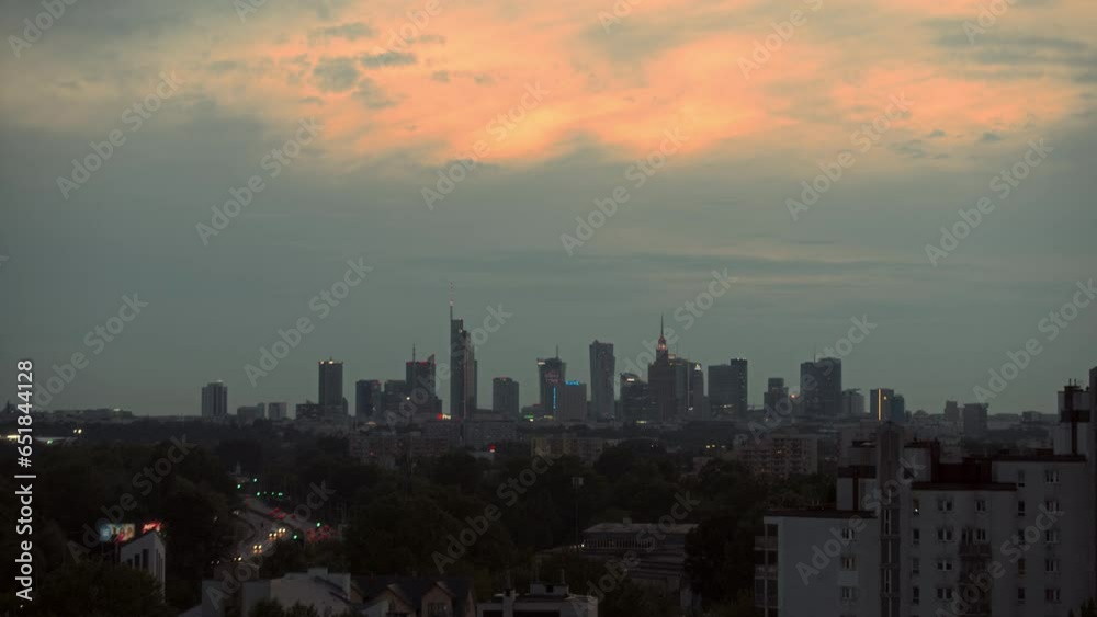 Establishing sunset shot of view of Warsaw downtown cityscape on a summer day Establishing sunset shot of view of Warsaw downtown cityscape on a summer day