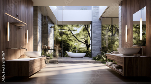 A bathroom with a contemporary design, a glass-enclosed walk-in shower, a freestanding bathtub with a waterfall faucet, a double vanity with marble countertops, and a built-in sound system © Textures & Patterns