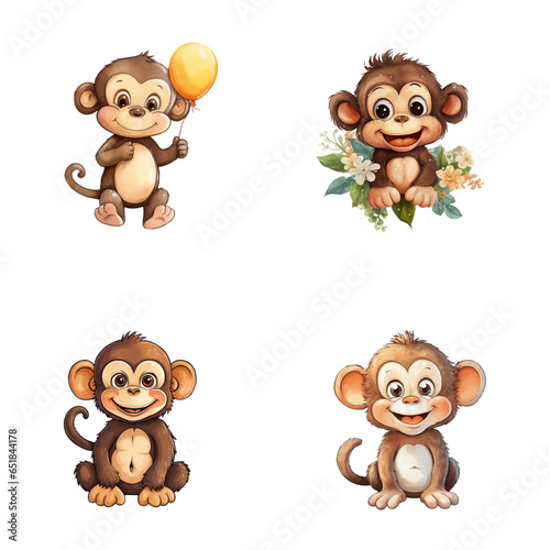 set of cute monkey watercolor illustrations for printing on baby clothes, sticker, postcards, baby showers, games and books, Safari jungle animals vector