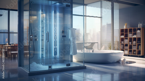 A bathroom with a glass-enclosed steam shower, a freestanding bathtub and heated floors