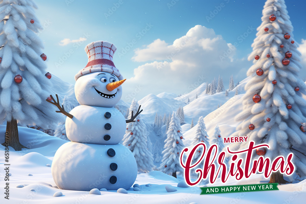 Obraz premium Snowman with christmas tree and happy new year background