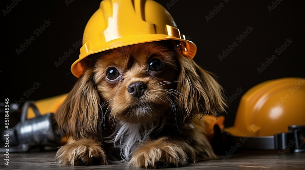 Canine Construction Worker with a Mini Hard Hat and Tools, funny dogs