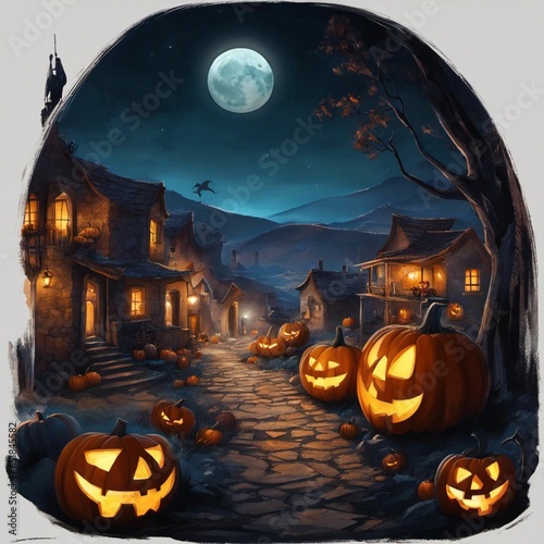 Celebración de la fiesta de Halloween por las tenebrosas calles de un pueblo fantasmagórico por la noche con luna llena photo