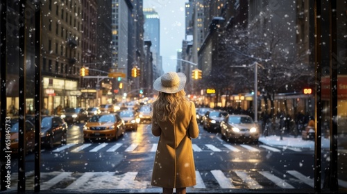 young woman under the snow in the city