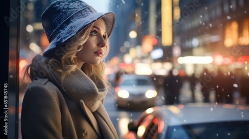 young woman watching snowfall in the city in winter