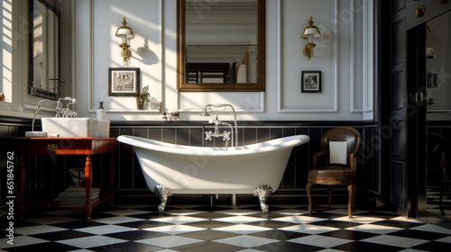 A bathroom with a clawfoot bathtub, a pedestal sink, a vintage mirror, black-and-white checkered floor tiles, and a linen closet
