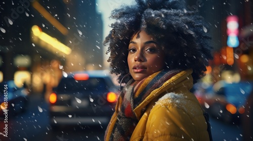 young african american woman in the city while snowing in winter