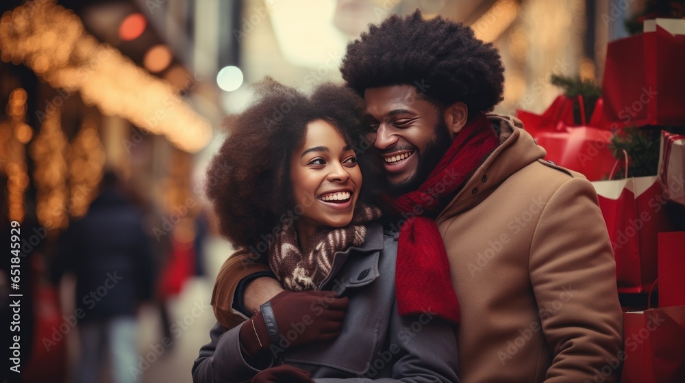 multiracial couple shopping in stores at christmas - obrazy, fototapety, plakaty 