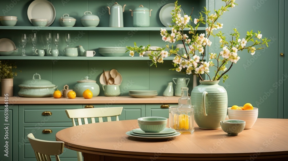 Fragment of modern classic green kitchen. Wooden dining table, flowering branch in a vase, various crockery on the shelves. Contemporary home design. 3D rendering.