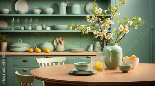 Fragment of modern classic green kitchen. Wooden dining table  flowering branch in a vase  various crockery on the shelves. Contemporary home design. 3D rendering.