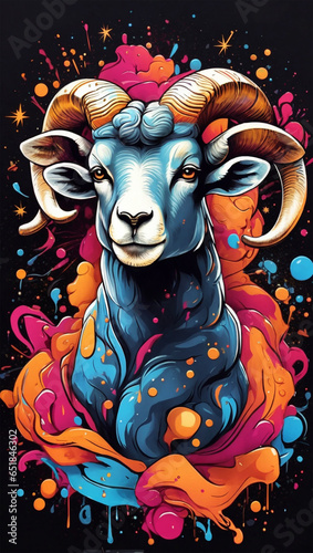 Illustration of a male goat with a fantasy theme and colorful smoke galaxy 11