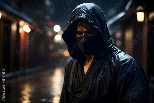 Ninja Assassin in the Silent Shadows in the Rain