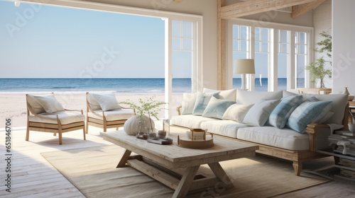 A beachfront living room with panoramic windows, nautical decor, and sandy beach access  photo