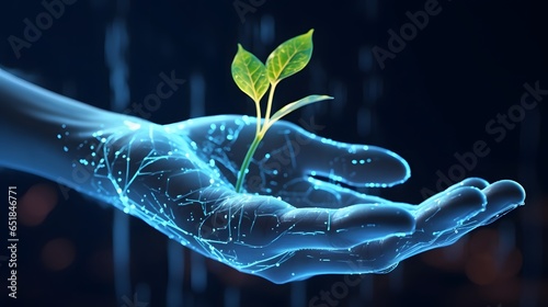 Abstract giving hand with young plant in soil. Low poly style design. Blue geometric background. Wireframe light connection structure. photo