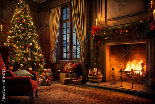 A cozy living room with a fireplace, a Christmas tree and gifts