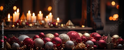 Christmas and New Year interior decoration. Green tree decorated with toys  gifts  present boxes  flashing garland  illuminated lamps. Fireplace and xmas tree. Cozy Christmas atmosphere.