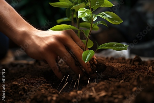 Planting a small tree or plant in the soil  photo