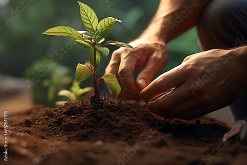 Planting a small tree or plant in the soil  photo