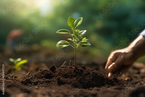 Planting a small tree or plant in the soil  photo